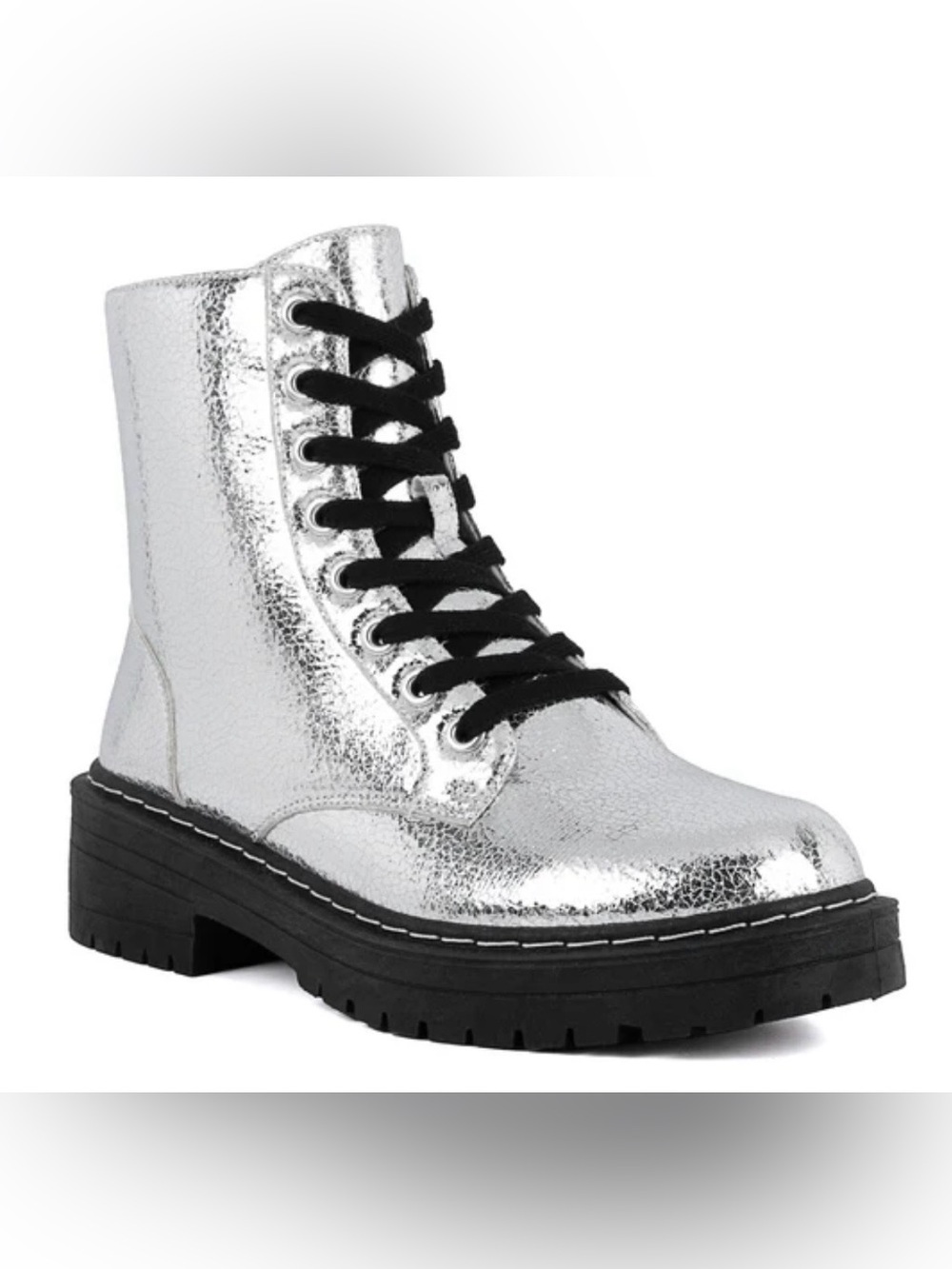 Sugar Silver Metallic Lace-Up Chunky Combat Boot
